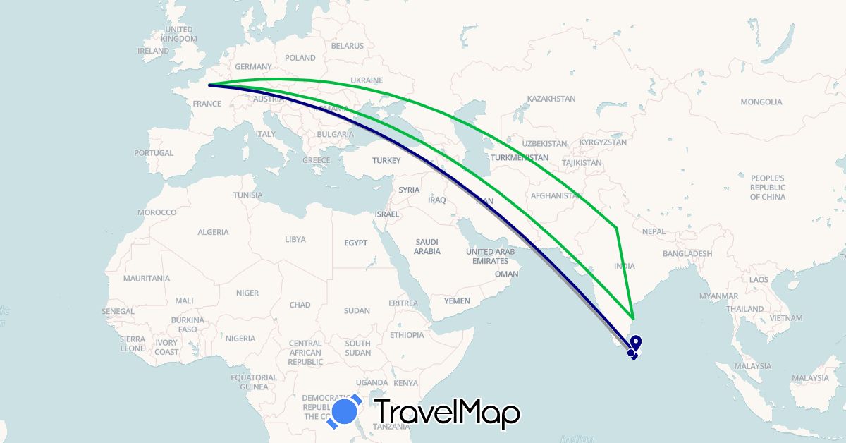 TravelMap itinerary: driving, bus, plane in France, Sri Lanka (Asia, Europe)