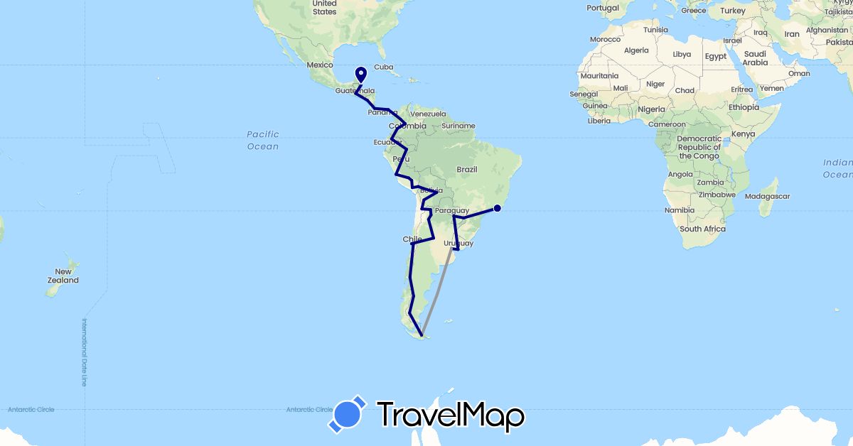 TravelMap itinerary: driving, plane in Argentina, Bolivia, Brazil, Belize, Chile, Colombia, Costa Rica, Ecuador, Guatemala, Nicaragua, Panama, Peru, Paraguay, Uruguay (North America, South America)