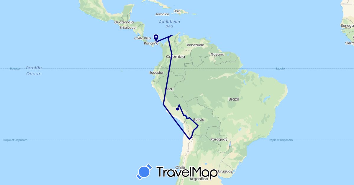 TravelMap itinerary: driving in Bolivia, Chile, Colombia, Panama, Peru (North America, South America)